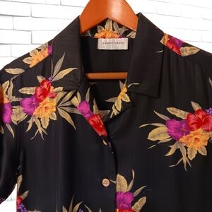 Women's Lemon Grass Floral Blouse, Size Medium, Poly Blend S/S Black w/ Floral